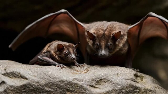 Two bats with brown fur and large eyes sit on a textured stone surface against a dark backdrop