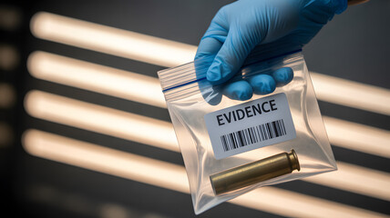 A blue gloved hand carefully holds a plastic evidence bag containing a brass bullet casing against a background of striped light from forensic analysi