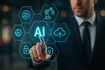 Intelligent Interface: A modern professional interacts with an interactive interface, touching a holographic projection representing artificial intelligence and associated technological advancements.