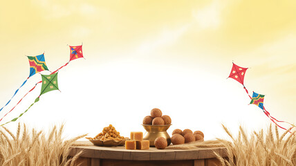 Traditional sweets and snacks displayed on a wooden table in a golden wheat field with colorful kites flying in the sky