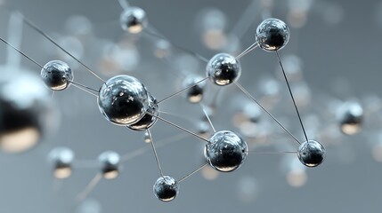 Abstract 3D illustration of metallic spheres connected by thin silver lines, soft focus