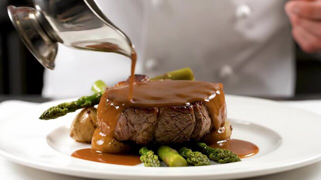 Chef pouring rich brown gravy over a perfectly cooked steak with asparagus and potatoes on a white plate