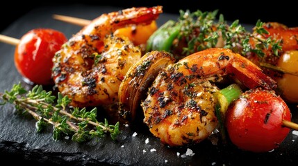 Delicious grilled shrimp skewers with fresh tomatoes and herbs