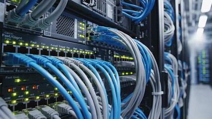 Closeup view of a modern data center server rack with numerous blue and grey ethernet cables meticulously plugged into network switches showcasing the complex and essential infrastructure for highspe. - Powered by Adobe