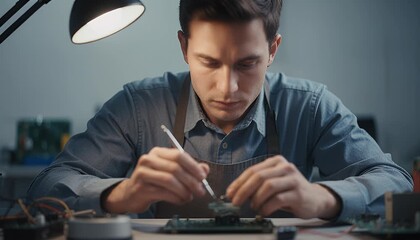 Technician working on circuit board under desk lamp - Powered by Adobe