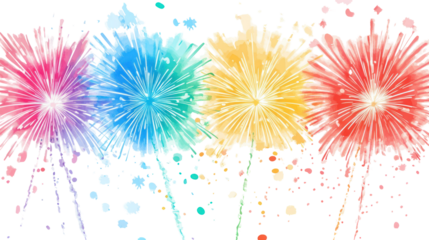 Celebration fireworks in vibrant red blue green and yellow colors on transparent background