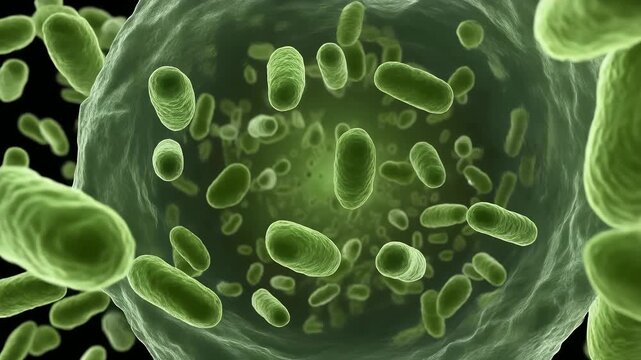 Green Bacteria Cells Multiplying Microscopic View of Rod Shaped Germs
