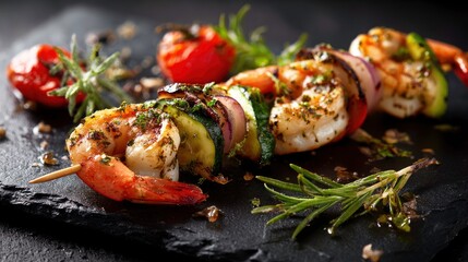 Grilled Shrimp Skewers with Vegetables on a Black Plate