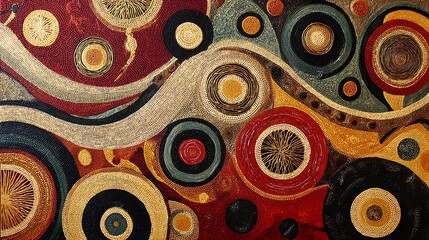 Abstract oil painting with concentric circles, swirls and varied colors