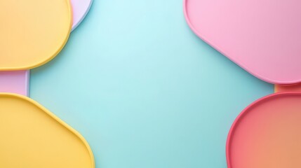 Minimalist abstract composition featuring soft pastel shapes including yellow pink and orange curves framing a bright cyan blue center for graphic design backgrounds