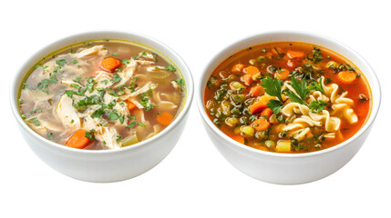 Chicken noodle soup and vegetable soup two bowls side by side on transparent background