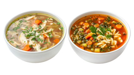 Chicken noodle soup and vegetable soup two bowls side by side on transparent background