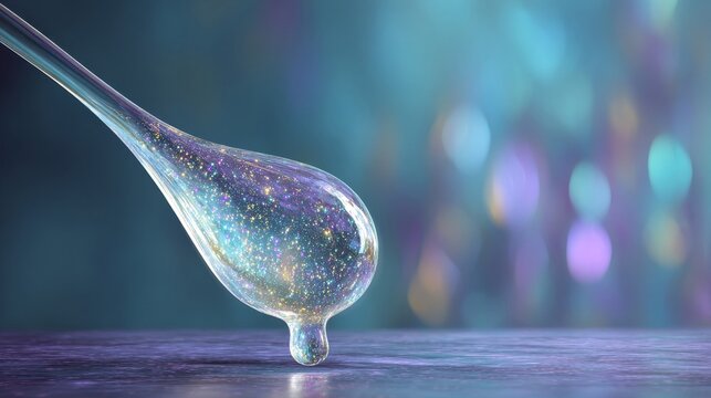 A translucent viscous serum droplet with internal sparkles suspended mid-air - Powered by Adobe