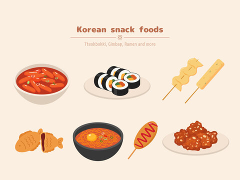 Korean traditional snacks and street food vector illustration set with tteokbokki, gimbap, fish cake, bungeoppang, ramyeon, hot dog, and fried chicken