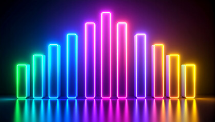 Neon light bars glowing in vibrant colors with reflections on glossy surface creating dynamic and colorful visual effect