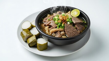 Steaming bowl of beef noodle soup with vegetables and lime on a plate