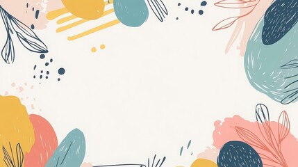 Abstract border design featuring soft pastel organic shapes, hand drawn foliage outlines, and modern minimalist graphic elements creating a versatile background template for various creative uses.