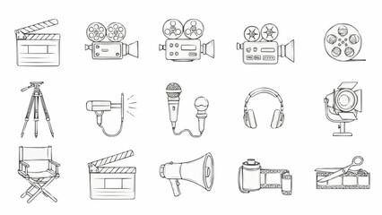 Collection of hand-drawn film and video production equipment icons. © Hanif