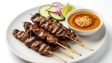 Grilled meat skewers with spicy sauce and fresh vegetables on a plate