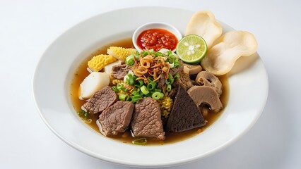 Delicious beef soup with sliced meat vegetables and dumplings