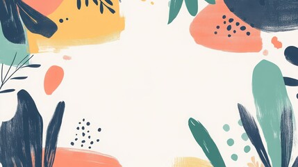 Vibrant abstract botanical border featuring stylized tropical leaves and organic shapes in muted pastel colors creating a refreshing and modern background design space