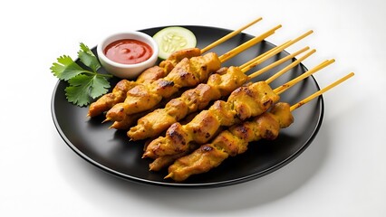 Grilled Chicken Satay on Plate with Sauce