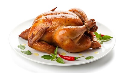Roasted Chicken on White Plate with Herbs and Chili