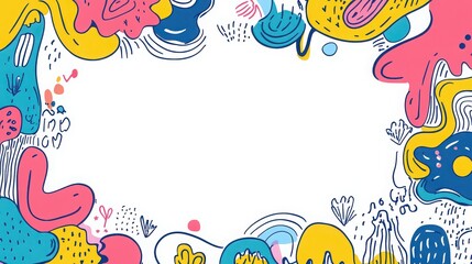 Abstract doodle frame border design featuring vibrant colorful shapes and playful organic lines suitable for social media headers or creative presentation backgrounds offering generous copy space.