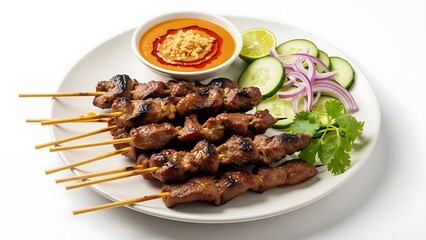 Grilled Meat Skewers with Fresh Vegetables and Dipping Sauce