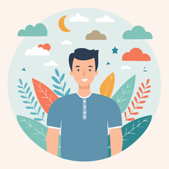 Smiling man surrounded by nature elements illustration for various design projects