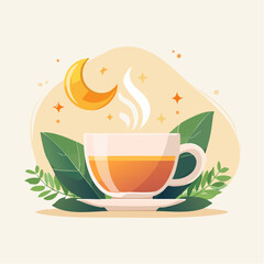 Steaming cup of tea illustration with moon and leaves for relaxation concept