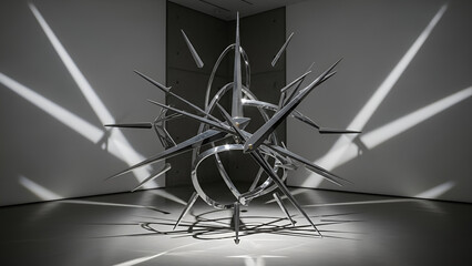 Abstract Metal Sculpture Illuminated by Dramatic Spotlights in a Gallery Exhibition