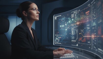 Woman working on curved computer display futuristic technology - Powered by Adobe