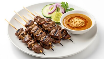 Grilled meat skewers with spicy sauce and vegetables on plate