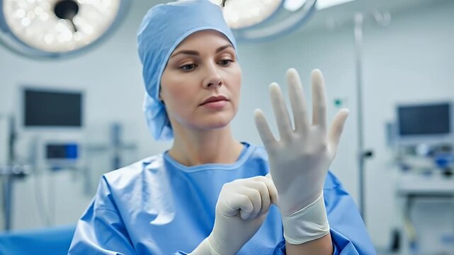 Surgeon In Blue Scrubs Puts On Gloves In Operating Room