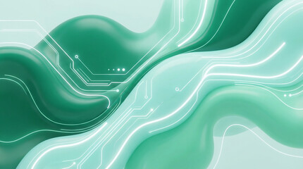 Abstract flowing green and teal shapes with glowing white circuit lines representing digital technology and data.