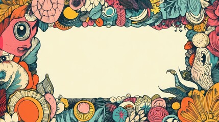 Psychedelic vintage frame border design featuring vibrant abstract organic shapes and stylized botanical elements surrounding a central empty cream space perfect for text insertion or creative layout.