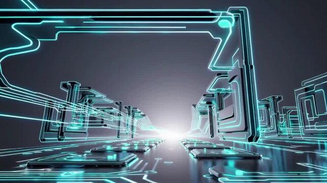 A futuristic cityscape with neon lights and wires