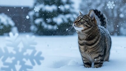 Tabby Cat In Snow Flurry Soft Focus Bokeh Christmas Winter Wonderland Footage