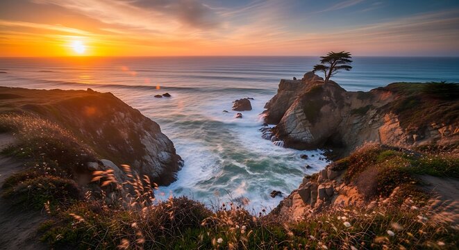 Coastal sunset view with ocean waves and rocky cliffs at dusk background - Powered by Adobe