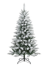 Fototapeta premium A pristine, snow-flocked white artificial Christmas tree with intricate synthetic needles, black metal stand, against a transparent studio background, modern holiday aesthetic.