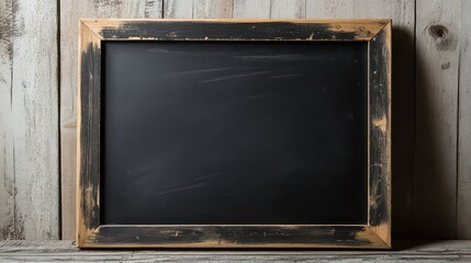 Rustic wooden framed chalkboard sits empty against a background of weathered vertical white wood planks offering ample blank space for educational messages or vintage design concepts.