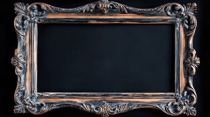 Ornate baroque picture frame mockup featuring intricate carved details and a distressed antique finish with a dark empty center ready for custom image insertion or text display