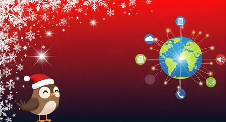Festive bird in Santa hat with global network and snowflakes