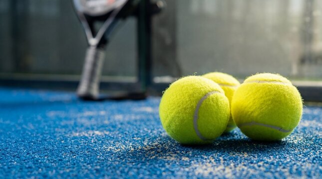 Close up of three yellow tennis balls on a blue court with a blurred racket in the background.
