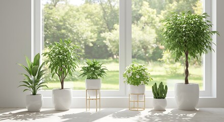 Fototapeta premium Indoor Garden Oasis: Sunlight & Potted Plants by Window