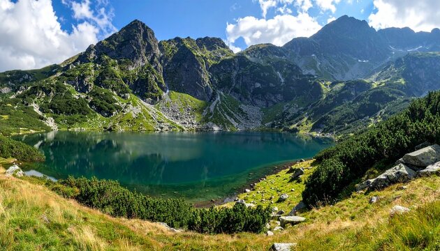 Vivid Mountain Lake Reflects Rugged Peaks Under Blue Sky