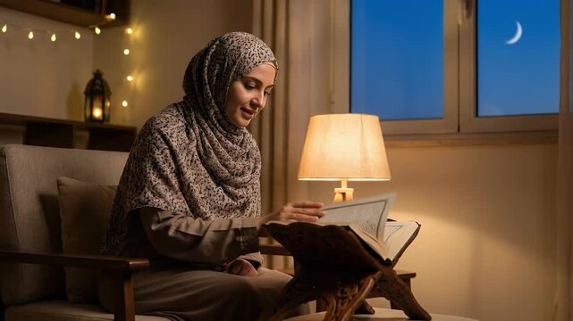Young Muslim woman in hijab reading holy book on rehal in cozy room with night sky view
