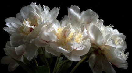 Elegant white peonies against a contrasting dark black background.