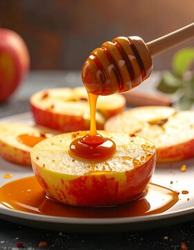Warm Apple Slices Drizzled with Honey on a Plate
